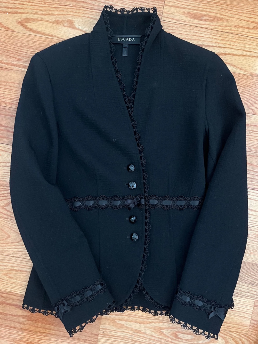Escada Black Wool Lace-Trim Tailored Button Jacket